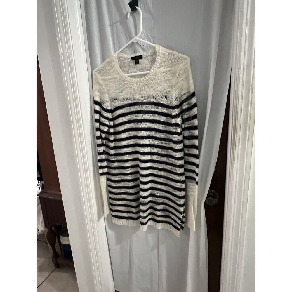 J Crew Open Knit Blue White Striped Wool Mohair Blend Sweater Tunic Sz M